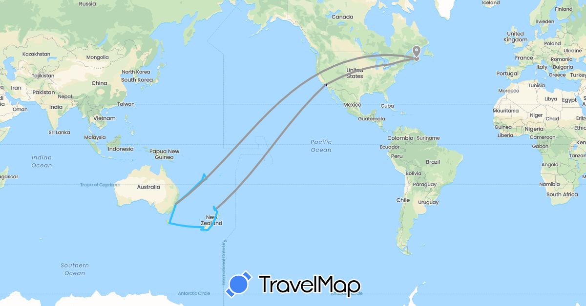TravelMap itinerary: driving, plane, boat in Australia, Canada, France, New Zealand, United States, Vanuatu (Europe, North America, Oceania)